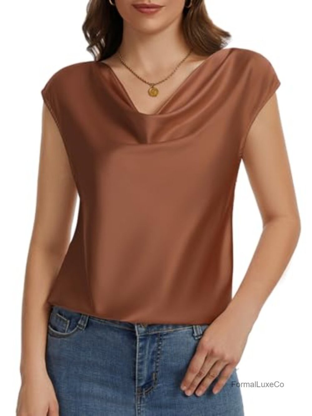 Silk Satin Sleeveless Cowl Neck Work Blouse Cap Sleeve